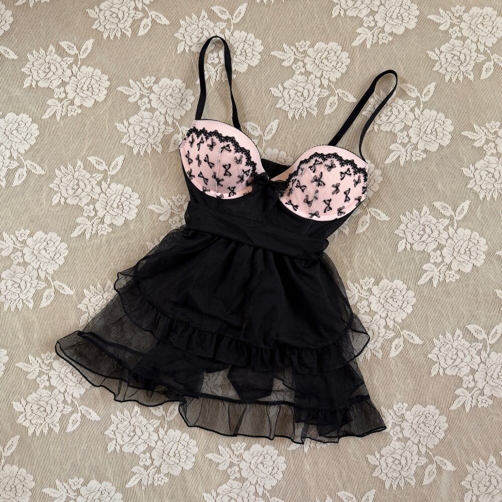 Victoria’s Secret Pink & Black Bow Babydoll Lingerie 34B